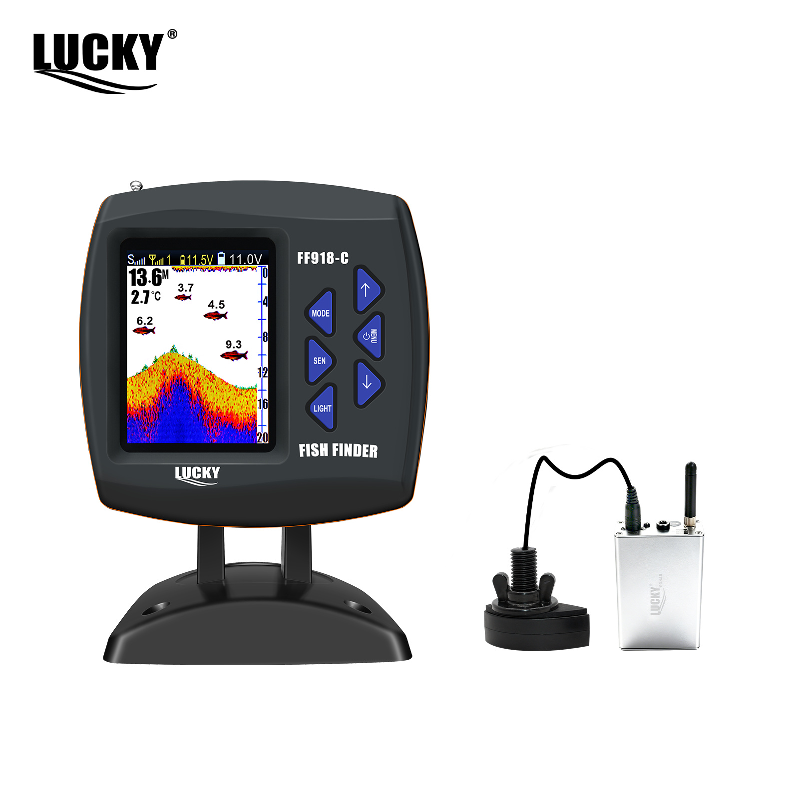 Fish Finder Transducer - ラッキーFF918ワイヤレスリモコンボート魚群探知機300m/980ft無線操作範囲エコーサウンダー